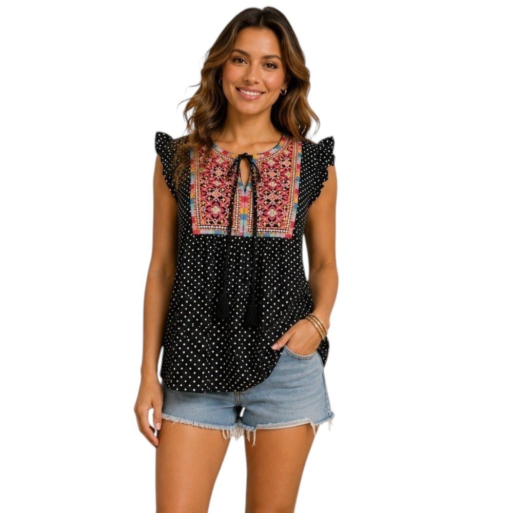 New‎ Savanna Jane Women's Blouse Embroidered Top Black Polka Dot Boho Medium
